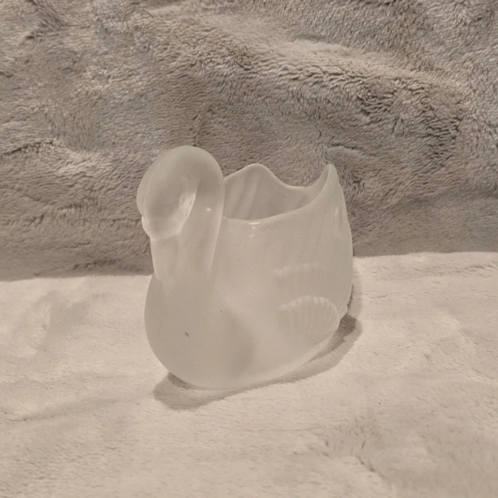 Vintage Frosted Glass Swan Trinket Dish Figurine White Satin Bird Decor